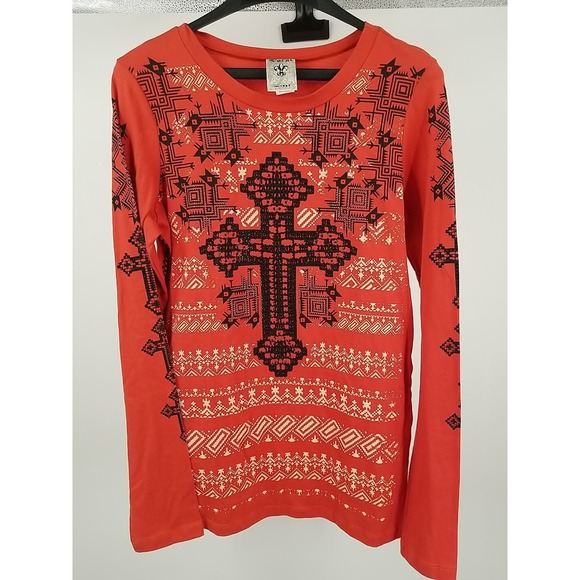 Vocal Womens Orange Long Sleeve Embellished USA Aztec Shirt - Picture 1 of 6